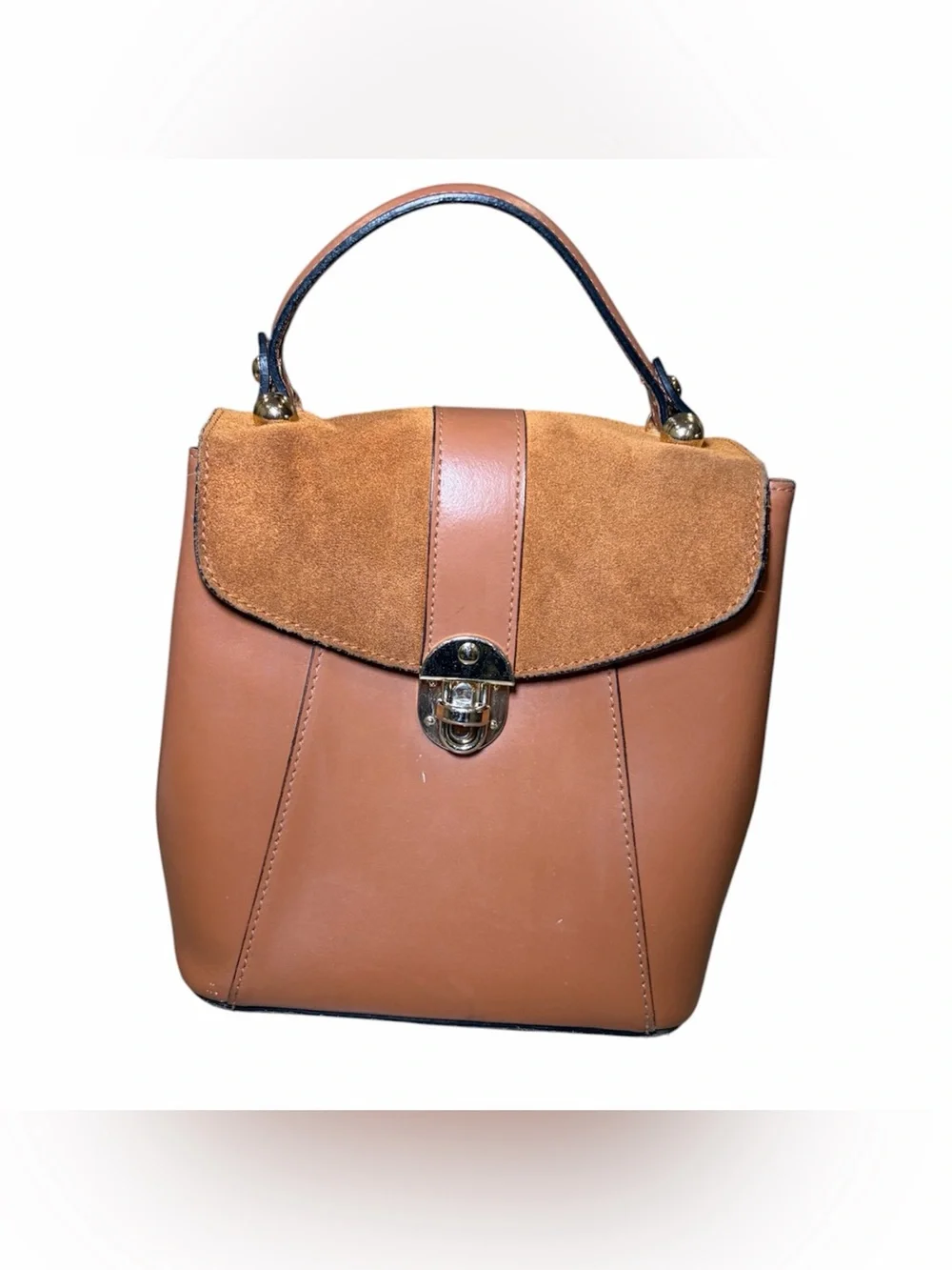 Stylish Tan Leather & Suede Top-Handle Bag